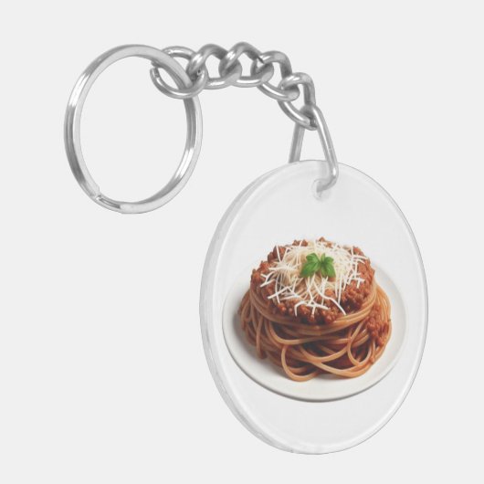 Spaghetti Bolognese met kaas en basilicumblaadjes Sleutelhanger (Voorkant Links)