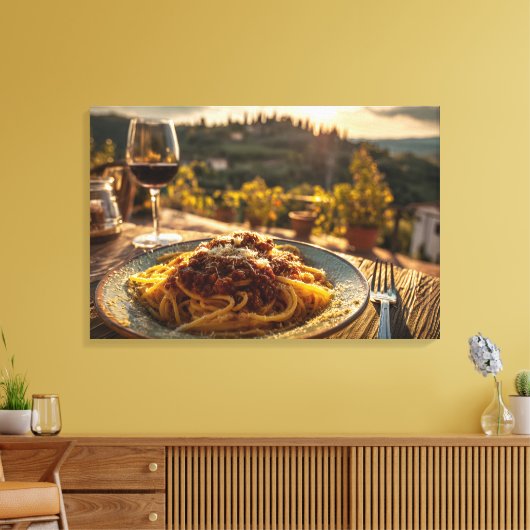 Spaghetti Bolognese op wijngaard terras tafel Canvas Afdruk (Insitu (Woonkamer))