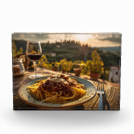 Spaghetti Bolognese op wijngaard terras tafel Fotoblokken