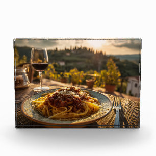 Spaghetti Bolognese op wijngaard terras tafel Fotoblokken