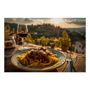 Spaghetti Bolognese op wijngaard terras tafel Perfect Poster