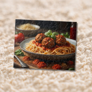 Spaghetti en gehaktballen op bord legpuzzel