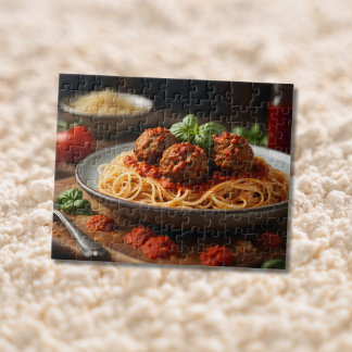 Spaghetti en gehaktballen op bord legpuzzel