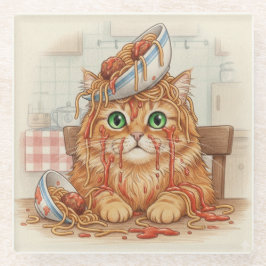 Spaghetti Kitty, Orange, Glass Coaster Glazen Onderzetter