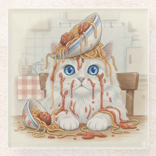 Spaghetti Kitty, Wit, Glas Onderzetter (Voorkant)