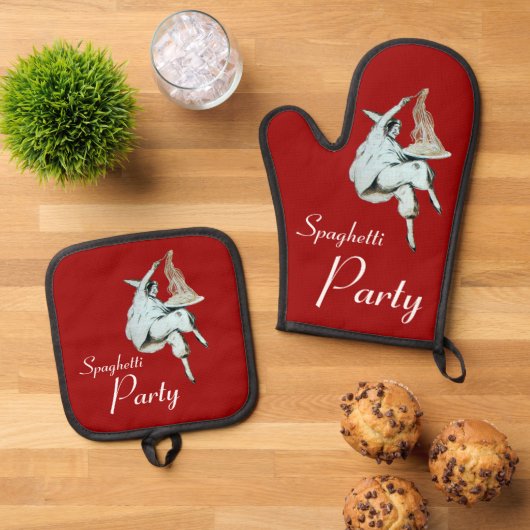 SPAGHETTI-PARTIJ, ITALIAANSE KITCHEN-binnenuitnodi Ovenwant & Pannenlap Set (Top down)