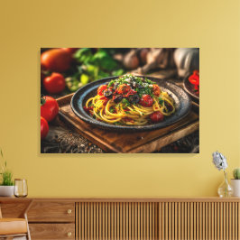 Spaghetti Puttanesca met verse tomaten en olijven Canvas Afdruk
