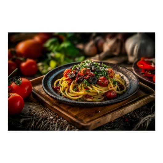 Spaghetti Puttanesca met verse tomaten en olijven Perfect Poster (Voorkant)