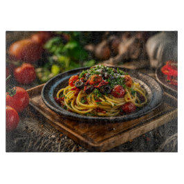 Spaghetti Puttanesca met verse tomaten en olijven Snijplank
