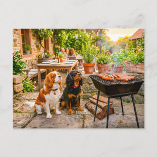 Spaniel duo kijkt naar terras bbq worstjes briefkaart