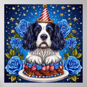 Spaniël Hond Viert Verjaardag Met Feestelijke Hoed Poster