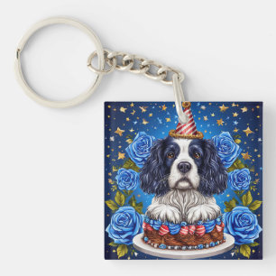 Spaniel-hond viert verjaardag met feestelijke hoed sleutelhanger