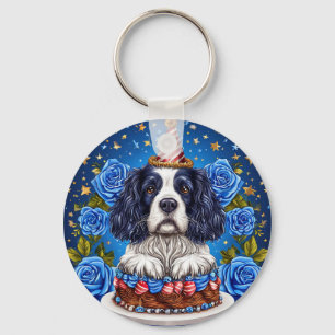 Spaniel Hond Viert Verjaardag Met Feestelijke Hoed Sleutelhanger