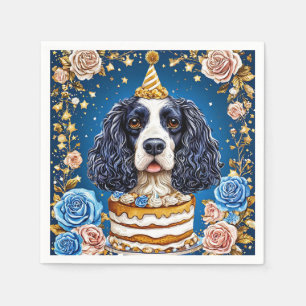Spaniël Hond viert verjaardag met taart Servet