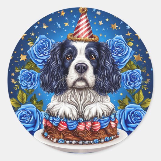 Spaniëlhond viert verjaardag met feestelijk Pet Ronde Sticker (Voorkant)