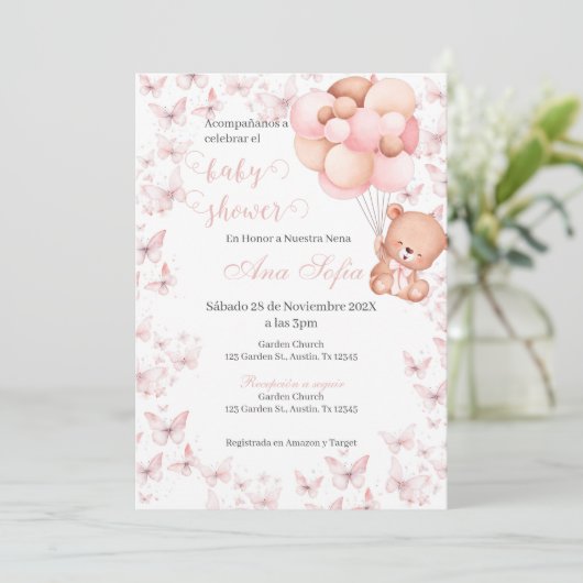 Spanish Baby Shower Invitation Pink Bear Girl (Debout devant)