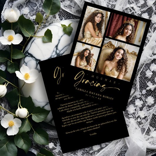 Spanish Black Trendy Quinceañera Collage 4 Photos Bedankkaart