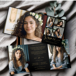 Spanish Black Trendy Quinceañera Collage 7 Photos Drieluik Uitnodiging