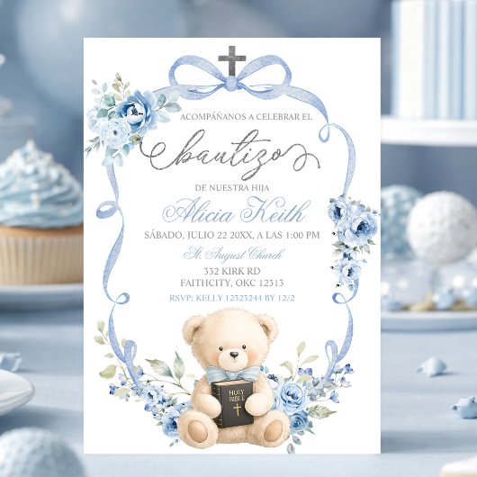 Spanish Blue Bear Baptism Bow Coquette Invitation