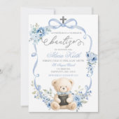 Spanish Blue Bear Baptism Bow Coquette Invitation (Devant)