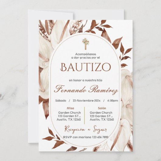 Spanish Boho Baptism Floral invitation (Devant)