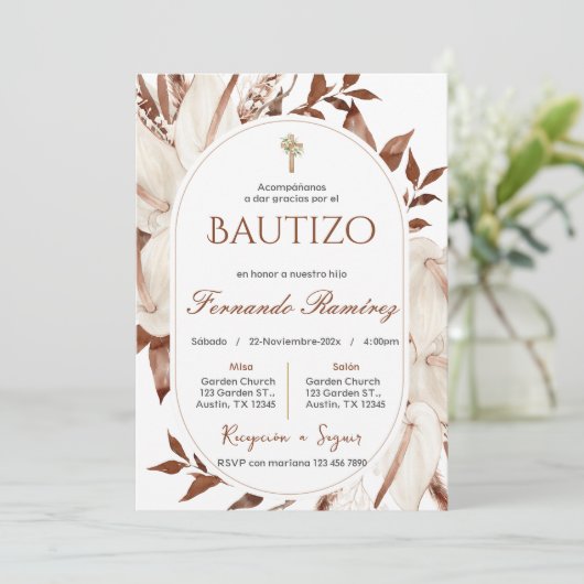 Spanish Boho Baptism Floral invitation (Debout devant)