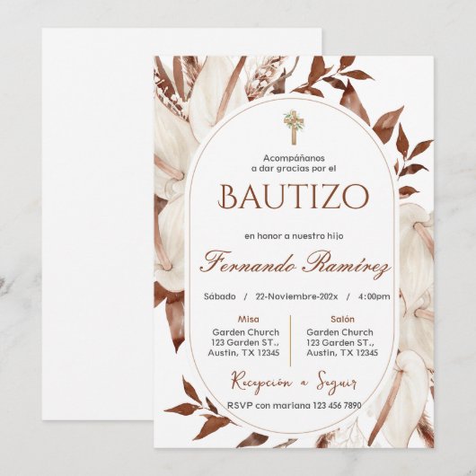 Spanish Boho Baptism Floral invitation (Devant / Derrière)