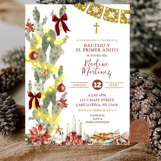 Spanish Cactus Christmas Baptism Invitation Kaart