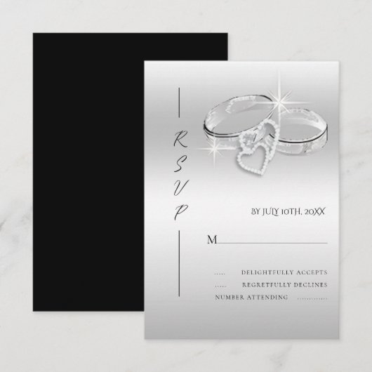 Spanish Decorative Glitzy Silver Wedding Rings RSVP Kaartje (Voorkant / Achterkant)