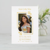 Spanish Elegant Photo Quinceañera Yellow Floral Folie Uitnodiging (Staand Voorkant)
