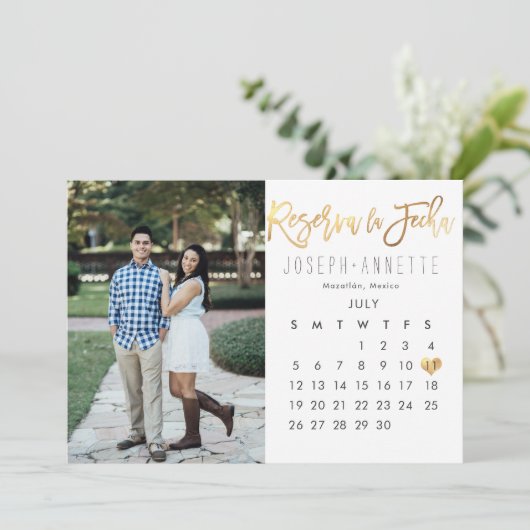 Spanish Photo Save the Date Calendar vals gold Kaart (Staand voorkant)