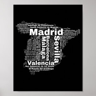Spanje Kaart Woordcloud met namen van steden Poster