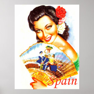 Spanje, portret van een Spaanse vrouw met fan Poster