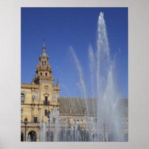 Spanje, Sevilla, Andalusië Fontein en rijkversierd Poster