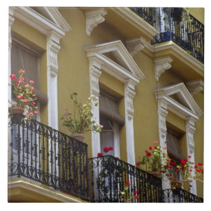 Spanje, Sevilla, Andalusië Geraniums hang over Tegeltje