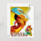 Spanje, vrouw achter fan, oud briefkaart (Voorkant / Achterkant)