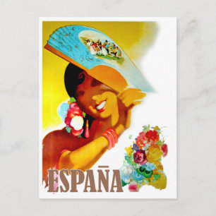 Spanje, vrouw achter waaier, vintage reisbriefkaar briefkaart