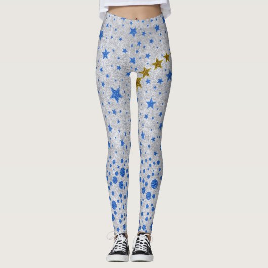 Sparblauwe sterren op abstract zilverpapier leggings (Voorkant)