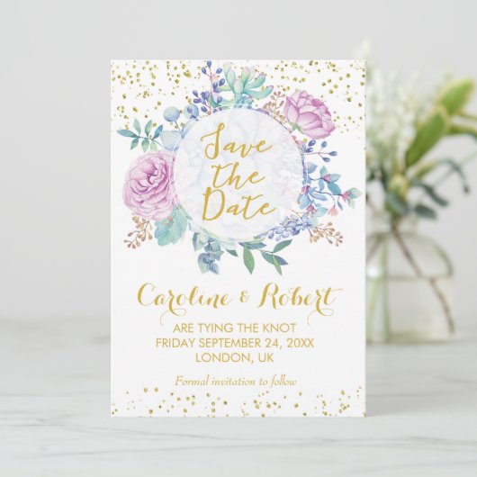 Sparen datum schittert het kaartgoud save the date (Staand voorkant)