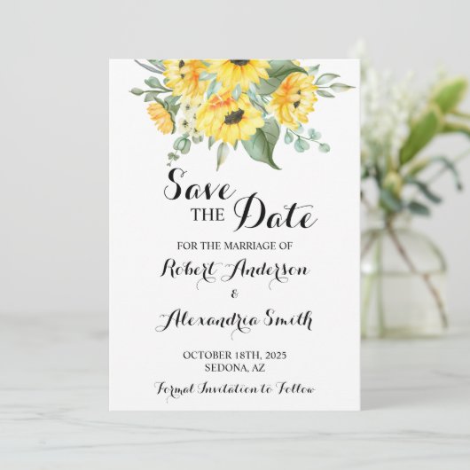 Sparen de Date Wedding Sunflower Greenery Kaart (Staand voorkant)