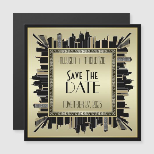 Sparen de Datum Art Deco Champagne Gold Gatsby Gla Magnetische Uitnodiging (Voorkant / Achterkant)