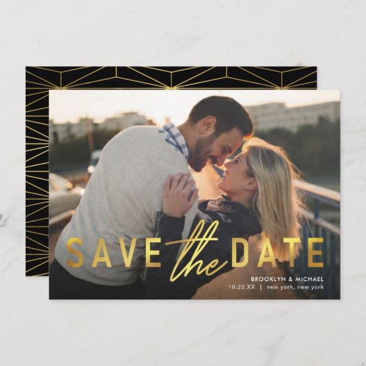 Sparen de Datum Bold Gold Wedding Aankondiging (Voorkant / Achterkant)