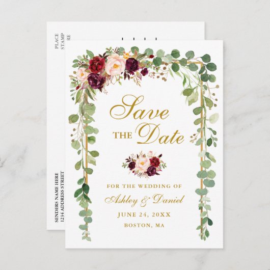 Sparen de Datum Botanische Groene Bourgogne Floral Aankondigingskaart (Voorkant / Achterkant)