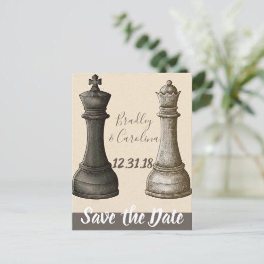 Sparen de Datum Chess King Queen Aankondigingskaart (Staand voorkant)