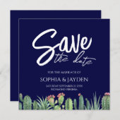 Sparen de Datum Elegant Dark Navy Blue Cactus Save The Date (Voorkant / Achterkant)