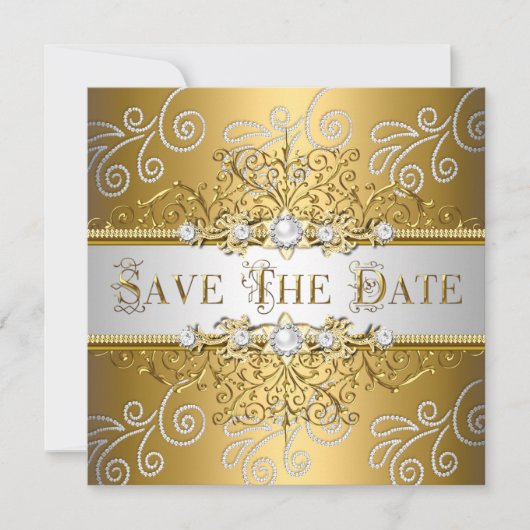 Sparen de Datum Elegant Gold Silver Lace Diamond Save The Date (Voorkant)
