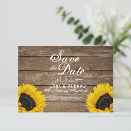 Sparen de Datum - Elegant Rustic SunFlower Lichten Kaart (Staand voorkant)