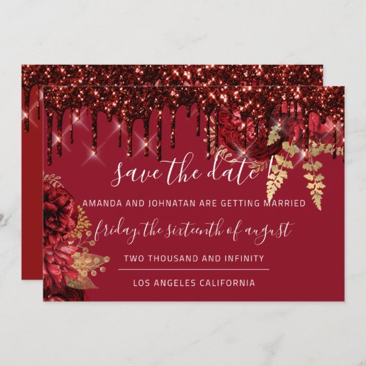 Sparen de Datum Florals Rozen Drijft Bourgogne Gol Save The Date (Voorkant / Achterkant)