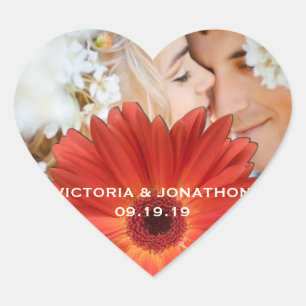 Sparen de Datum Foto Oranje Gerber Daisy Wedding Hart Sticker