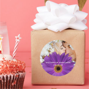 Sparen de Datum Foto Plum Gerber Daisy Wedding Ronde Sticker